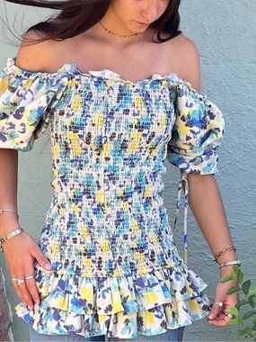 Hazel & Olive Smocked Off-Shoulder Floral Peplum Dress - multi colors